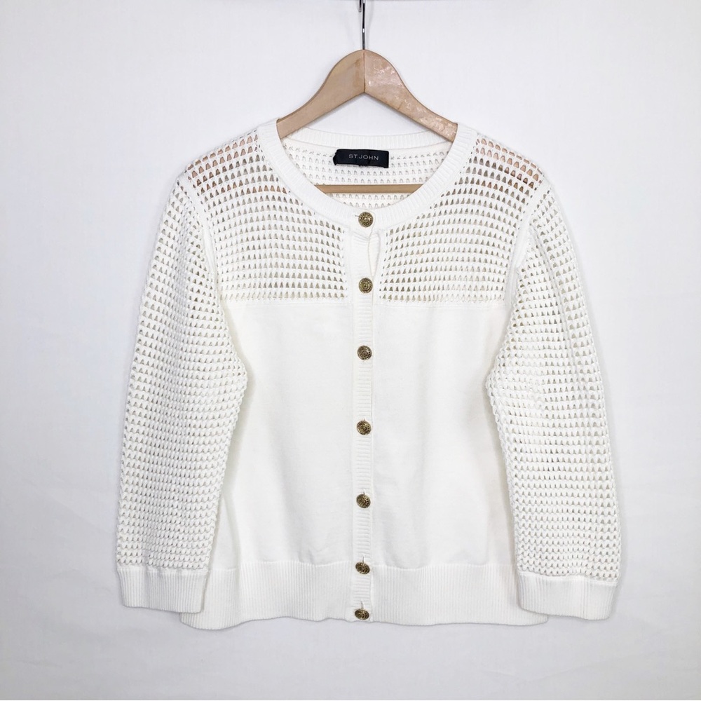 St. John Cream Open-Knit crochet Button-Front Sweater